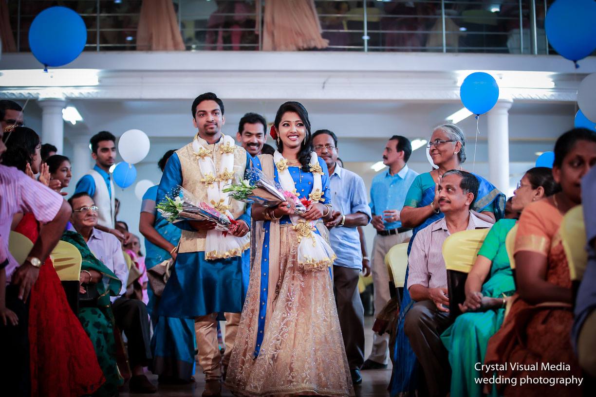 Ashwini, the bride, in a stunning traditional Christian engagement saree.