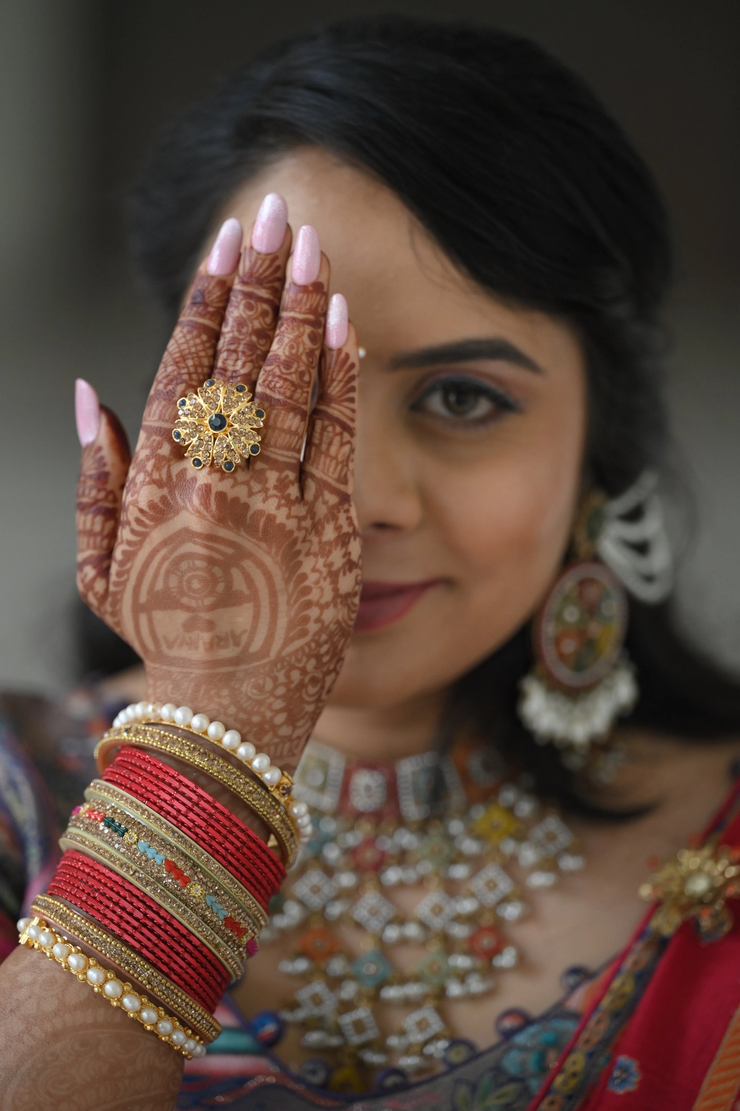 Close-up of the bride's beautiful wedding attire details.