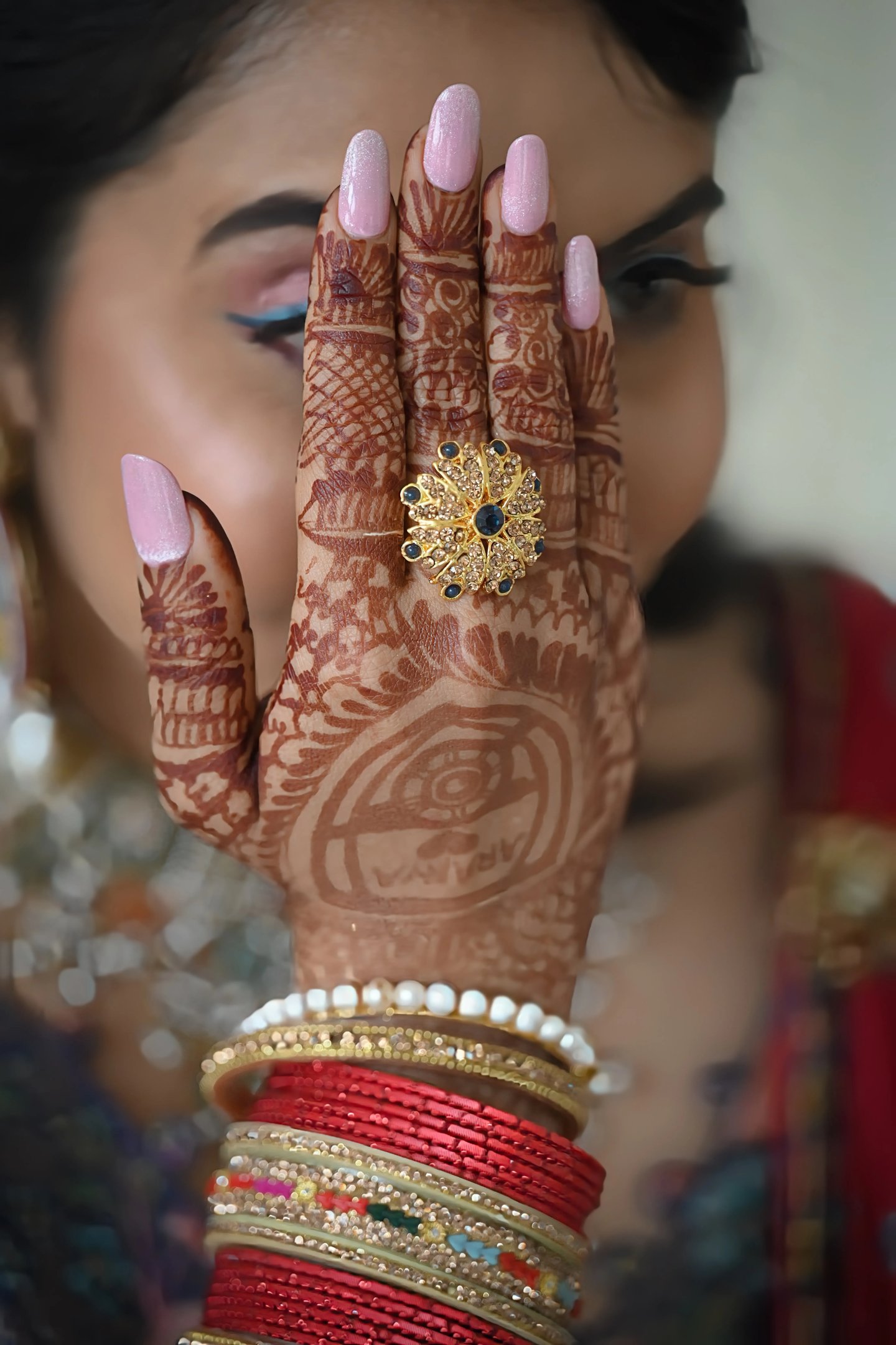 A vibrant photo from the mehndi ceremony, full of color and joy.
