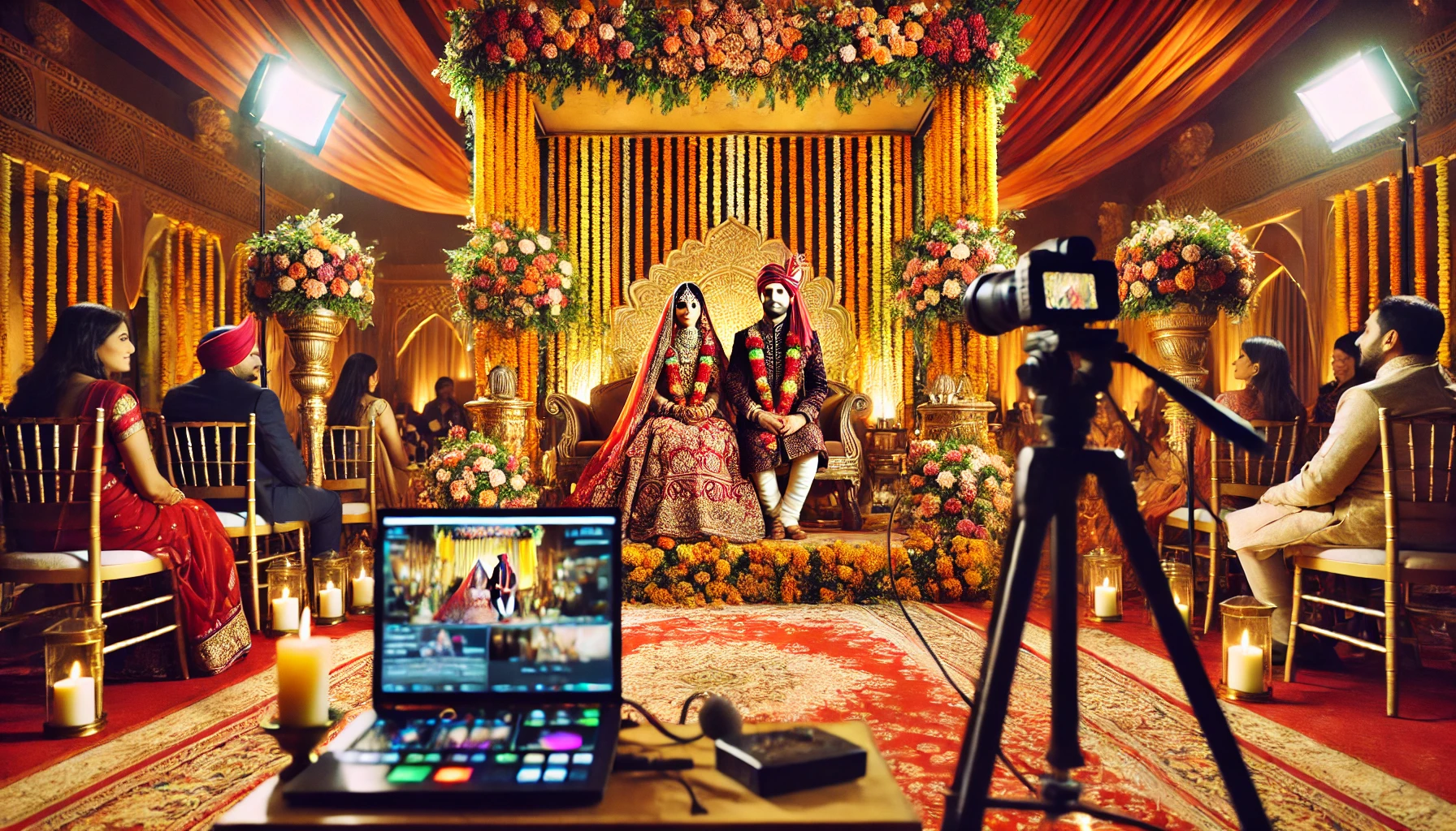 A professional live streaming setup capturing a bride and groom on their wedding stage.